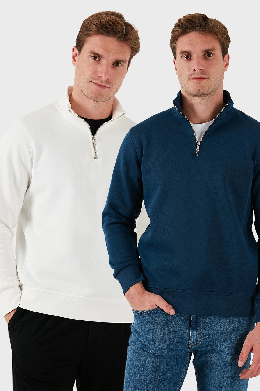 Buratti Pamuklu Regular Fit Dik Yaka 2'Li Paket Erkek Sweat 59052592S2 Ekru-Indigo