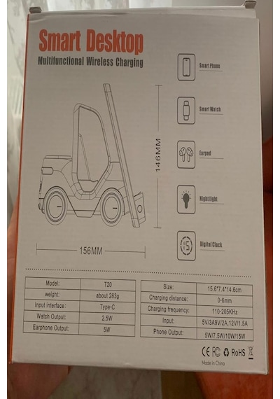 T20 15w 5'i 1 Arada Magsafe Kablosuz Şarj İstasyonu, Dijital Saatli Forklift Tasarım, İphone 16/15/14/13/12, Apple Watch, Airpods Uyumlu Masaüstü Hızlı Şarj Standı Siyah
