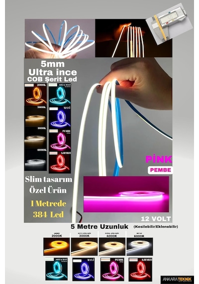 Ultra Ince 5mm. Kalınlık Cob Şerit Led Pembe Neon Gibi Yanar.