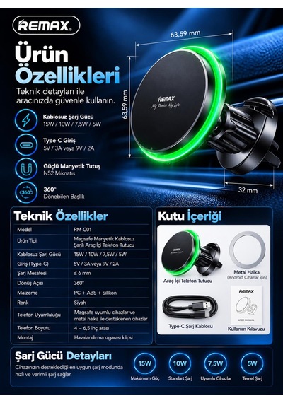 Magsafe 15w Manyetik Kablosuz Şarjlı Araç Telefon