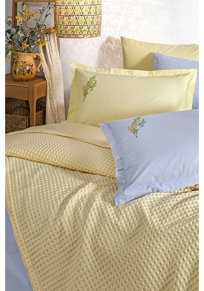 Özdilek Rf Waffle -gold Gri- Tek Kişilik Nakışlı Pike Takımı