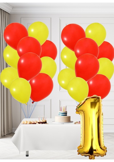 1 Yaş Sarı Kırmızı Taraftar Temalı Doğum Günü Seti Sarı Kırmızı Balonlar Altın Folyo Rakam Sarı
