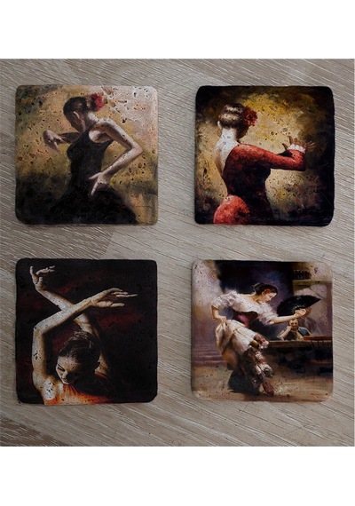 İspanyol Dansçı Kadınlar Doğal Taş Bardak Altlığı 4'lü Set - Natural Stone Coasters-174170 Çok Renkli