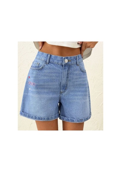 Kene Jeans Bacak Nakışlı Mavi İşlemli Kısa Kot Şort Mavi İşlemli