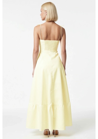 Benerly Kadın İnce Askılı Kalp Yaka A Kesim Dokuma Maxi Elbise Fonksiyone Açık Sarı