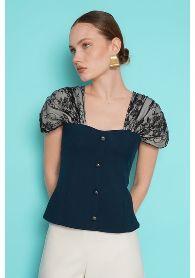 Verymoda Omuz Dantel Detaylı Kayık Yaka Bluz D2994 Lacivert