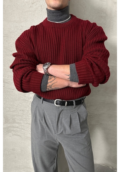 Erkek Fitilli Örme Oversize Kazak Bordo