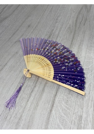 Beluga Yelpaze Bambu Vintage Mor Çiçekli Şık Püsküllü Japon Yelpaze 0341