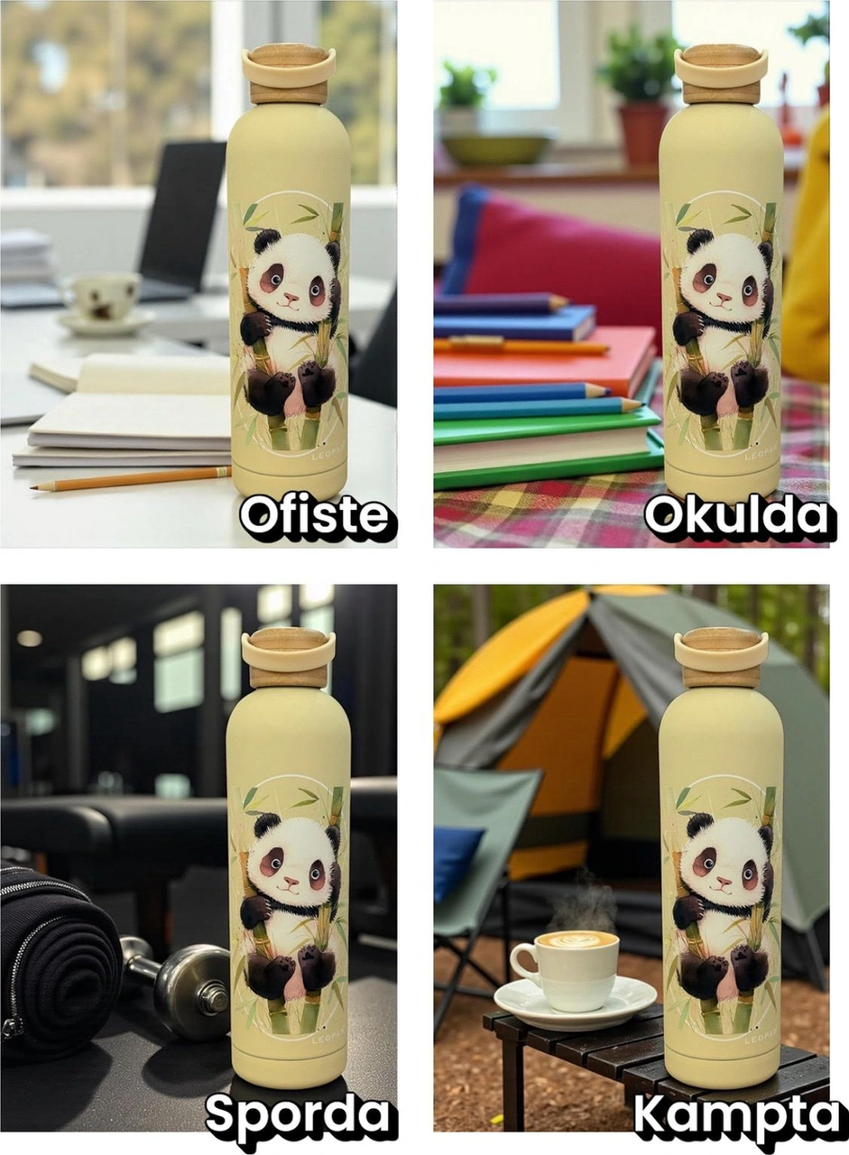 Bambu Kapaklı Krem Renk Panda Figürlü 500 Ml Paslanmaz Çelik Termos Krem