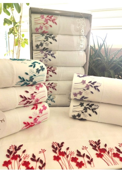 6.lı Set Annem 50x90 Cm. Özel Tafting Nakışlı Kadife Doku Çeyizlik Lüks Havlu Seti Beyaz Beyazdal Beyaz