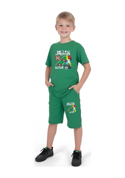 Fyk Kids Erkek Çocuk Tişört-şort Urban Skate Baskılı Alt-üst Takım Yeşil