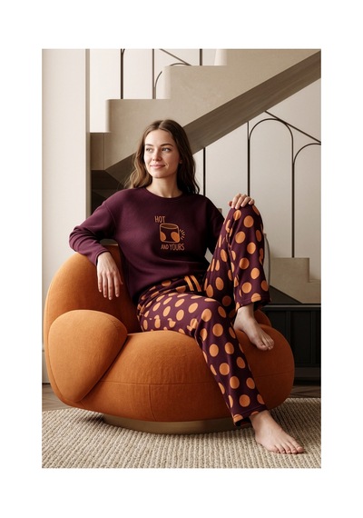 Nisanca Premium Soft Waffle Kadın Pijama Takımı Yumuşak Dokulu Sıcak Tutan Kışlık Uzun Kollu Pijama Bordo
