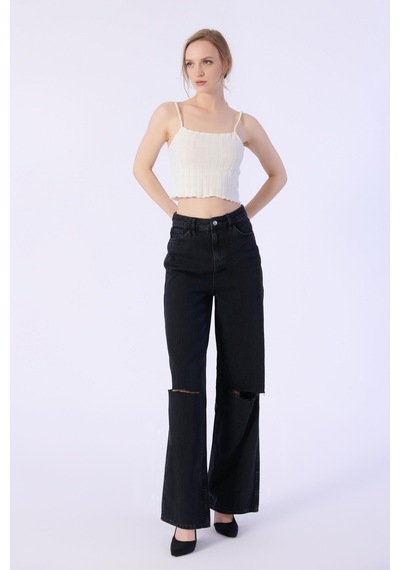 Yüksek Bel Wide Leg Dizler Lazerlı Jeans-siyah Siyah
