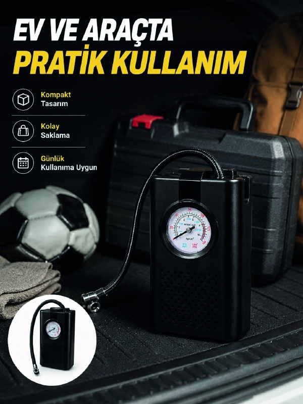Taşınabilir Araç Hava Pompası Analog Manometreli Lastik Şişirme Pompası