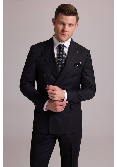 Erkek Siyah Slim Fit Çizgili Kruvaze Yün Takım Elbise