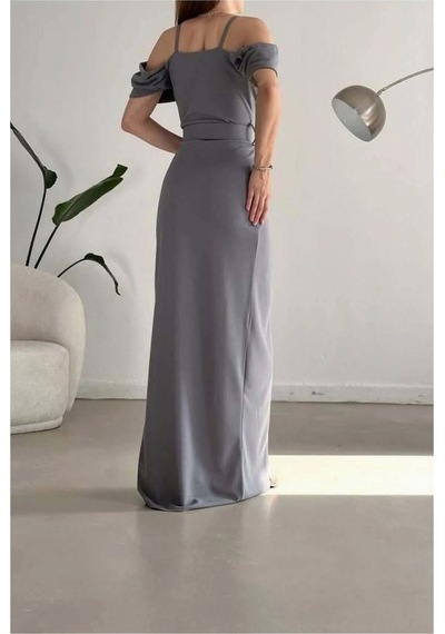 Bezos Krep Yırtmaçlı Elbise Abiye V Yaka Kumaş Renk: Mor Beden: 2xl Nhr