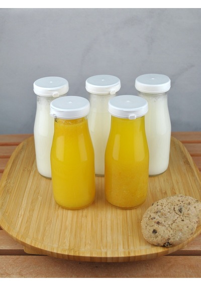 5 Adet Beyaz Plastik Kapaklı Cam Şişe 200 Ml Şeffaf Sürahi Süt, Ayran, Su, Limonata Meşrubat Şişesi