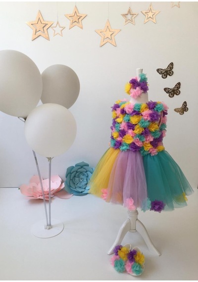 Hayy Baby Kids Wear Renkli Tüllü Çiçekli Tütü Elbise Lila Yeşil Pembe Sarı