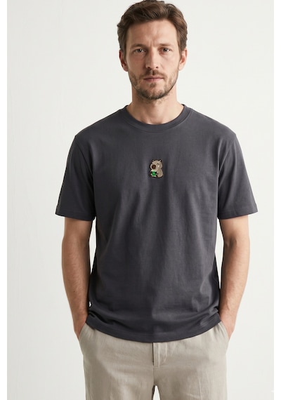 Elemge %100 Pamuk Compact Penye Süprem Kapipara Nakışlı Trend Fit Erkek Tok Kumaş T-shirt Rahat Kesim Antrasit