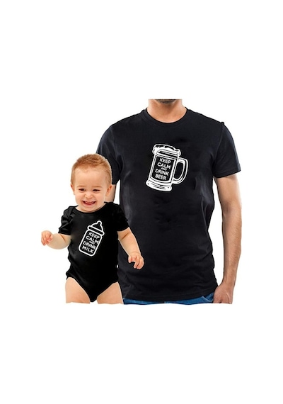 Keep Calm Drink Beer & Milk Baba Oğul Kız Tişört Zıbın Kombini