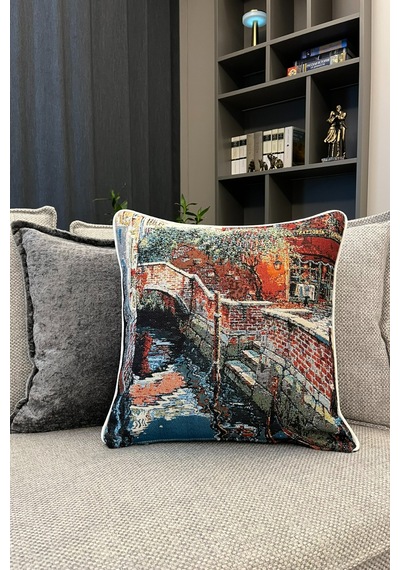 Kırlent Kılıfı Goblen Dokuma Kumaş - 45x45cm Çift Taraflı Biyeli Dekoratif Kırlent Kılıfı - Vs-168 Çok Renkli