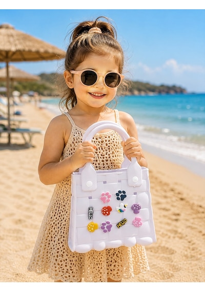 Papucumun Dünyası Çocuk Eva Malzeme Suya Dayanaklı Emojili Havuz Deniz Kumsal Günlük Çanta Beyaz