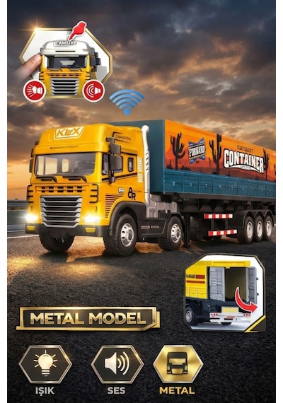 Metal Kabin Işıklı Sesli Konteyner Tır Oyuncağı - 38 Cm Büyük Boy Çek Bırak Kamyon