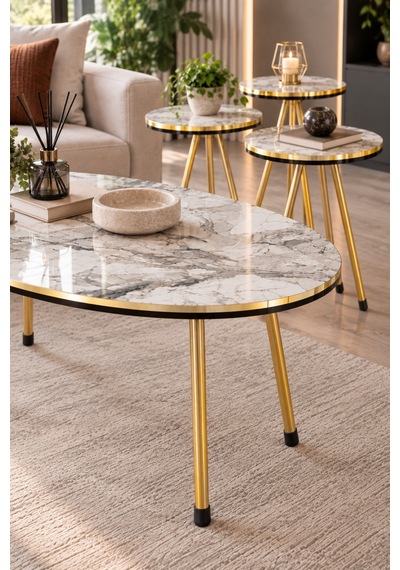 Sulorahome Beyaz Mermer Desenli Ve Gold Metal Ayaklı 4'lü Sehpa Seti Beyaz Mermer - Altın Sulorahome Beyaz Mermer Desenli Ve Gold Metal Ayaklı 4'lü Sehpa Seti Beyaz Mermer - Altın