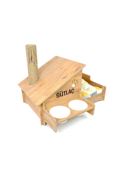 Ahşap Kedi Evi - Mama Kabı-özel Isim Baskılı-meşe Mdf- Beyaz Seramik Kase 2 400ml- Tırmalama Çubuklu