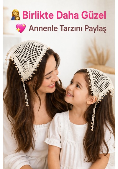 Anne Kız Kombin Bandana El Örgüsü Saç Bandı Bohem Stil Ayarlanabilir 2li Set Bej