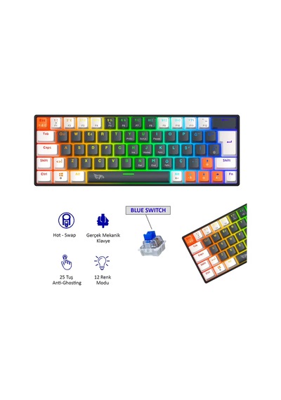 Mekanik Rgb Gaming Klavye 12 Farklı Işık Modu Hot Swap 64 Tuslu Double Shot Örgü Kablo Rgb Gaming Kablolu Oyuncu Klavyesi Mekanik Mavi Switch