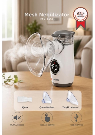 Nebulizatör Mesh Usb Şarjlı Sessiz Kademeli Dijital Ekranlı My-135b Beyaz