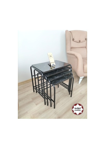 Evko Mobilya Buket Sehpa, 4'lü Zigon Sehpa, Servis Sehpası, Iç Içe Geçen Sehpa, Ahşap Sehpa, Dikdörtgen Sehpa Siyah Mermer