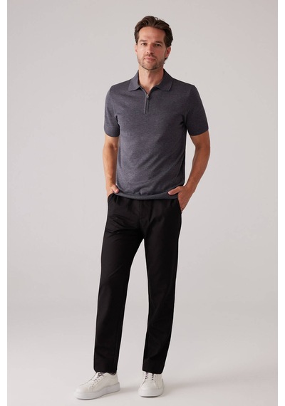 Erkek Koyu Gri Slim Fit Fermuar Detaylı Polo Yaka Triko Tişört