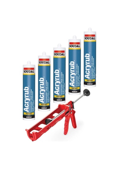 Soudal Beyaz Silikonize Mastik 5 Adet Beyaz Mastik + 1 Adet Tabanca Beyaz 500gr Soudal Acryrub