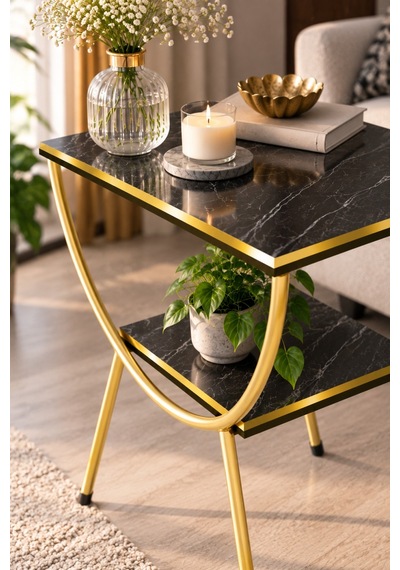 Sulorahome Yan Sehpa Komodin Siyah Mermer Desenli Gold Metal Ayaklı Siyah Mermer - Altın