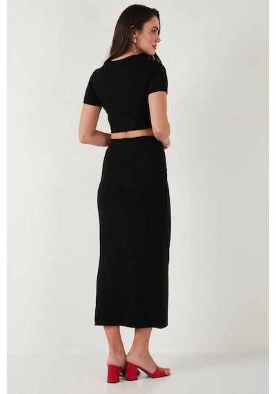 Lela Slim Fit Yırtmaç Detaylı Uzun Etekli Crop Bayan Takım 5866148 Siyah