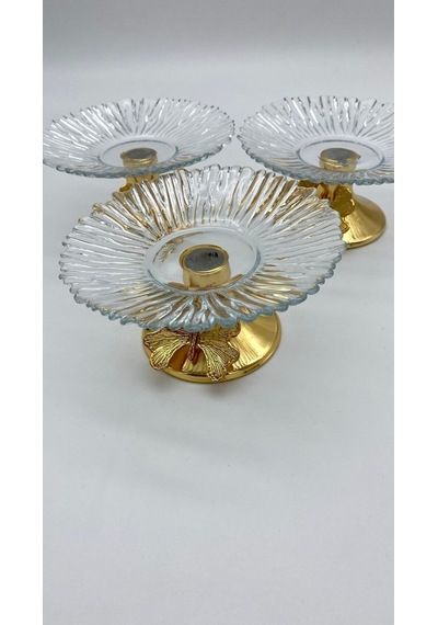 3'lü Kelebek Ayaklı Gold Cam Lokumluk, Şekerlik, Çerezlik, Kahve Yanı Sunumluk 13cm Gold