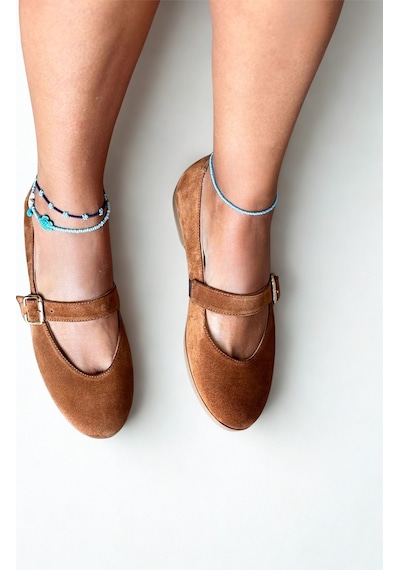 Ne&ve Shoes Taba Süet Hakiki Deri Yuvarlak Burunlu Tokalı Kadın Babet