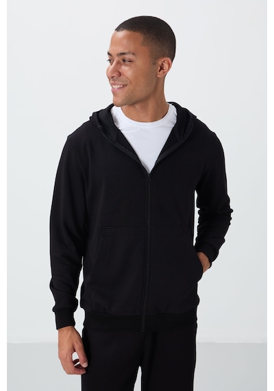 Tommy Life Siyah Kompakt Pamuklu Kalın Pürüzsüz Dokulu Kapüşonlu Comfort Fit Erkek Eşofman Takım - 85262 Siyah