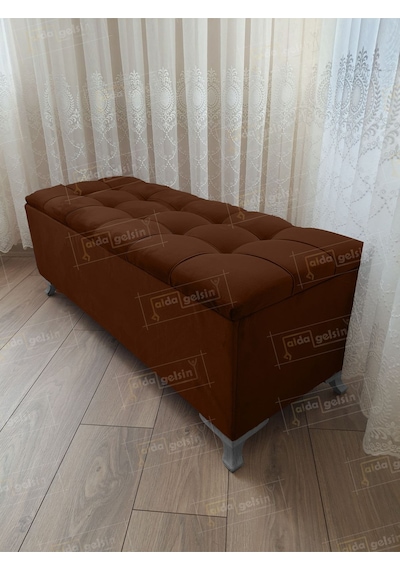 Çizgi Kapitoneli Sandıklı Puf Bench 120 Cm Gümüş Ayak Kahve