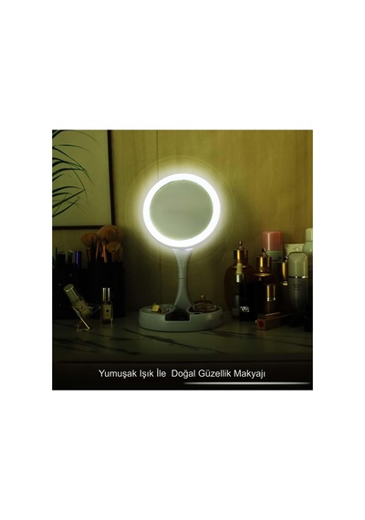 Plentiful Plentiful 10x Büyütme Çift Taraflı Katlanabilir 21 Led Işıklı Makyaj Aynası Usb Kablo Ahşap