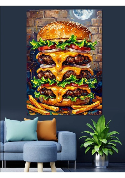 Ay Işığı Altında Devasa Katlı Hamburger Dekoratif Kanvas - Mdf Ahşap Tablo