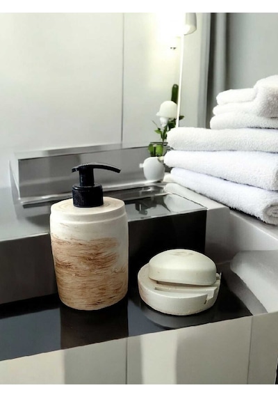 Marble Bej Banyo Seti,sıvı Sabunluk Diş Fırçalığı Beton Aksesuar Takımı Bej