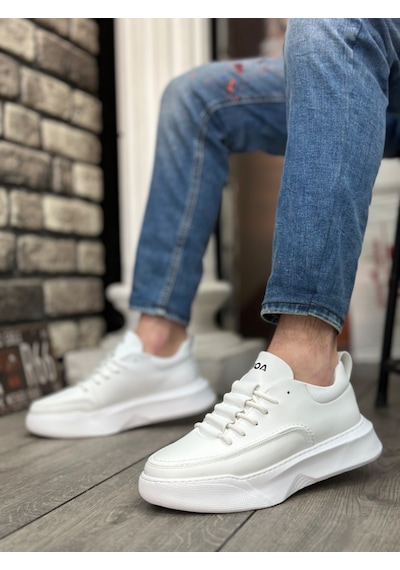 Ba0332 Merdiven Desen Bağcıklı Erkek Yüksek Taban Beyaz Cilt Spor Ayakkabı 001