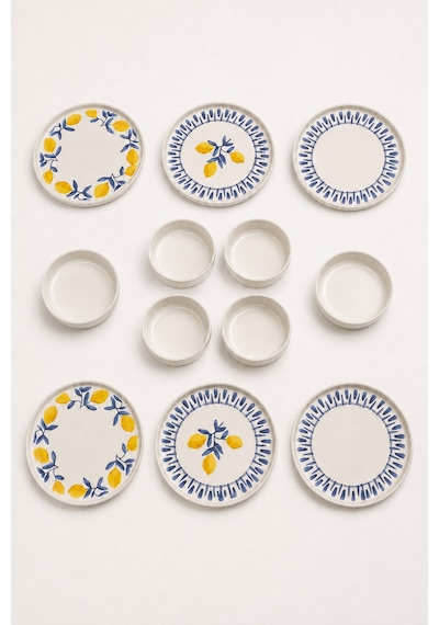 Mavi Limon 12 Parça 6 Kişilik Handmade Stackable Seramik Tabak Seti Premium Sunum & Kahvaltı Takımı Beyaz