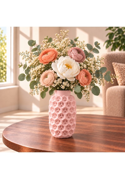 Dekoratif Vazo 20 Cm Geometrik Desenli Kuru Çiçek Ve Pampas Vazosu Açık Pembe