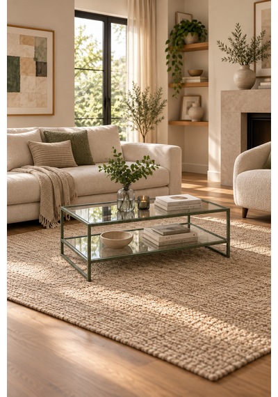 Teknor Şeffaf Camlı Yeşil Orta Sehpa Çift Raflı Modern Tasarım 90 50 46 Cm