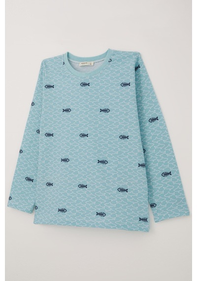 Breeze Erkek Çocuk Pijama Takımı Deniz Temalı Köpekbalığı Desenli 4-8 Yaş , Turkuaz