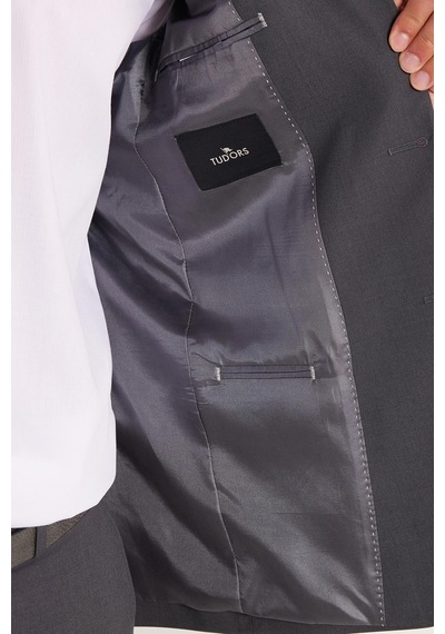 Tudors Erkek Slim Fit Mono Yaka Likralı Esnek Kumaş Füme Takım Elbise-33906 Füme
